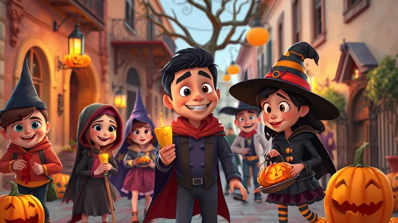 A group of diverse children in Halloween costumes, including witches and wizards, walk down a decorated street with pumpkins and lanterns, holding candy buckets and candles.