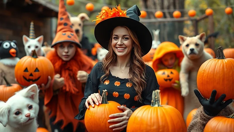 A smiling woman in a witch costume holds a pumpkin, surrounded by people and dogs in Halloween costumes and jack-o-lanterns.