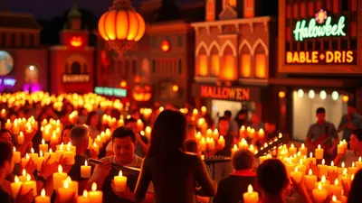 A crowd of people holding candles at night, with Halloween-themed decorations and buildings in the background. Some people are playing music, creating a festive and slightly eerie atmosphere.