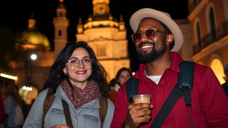A smiling Black man wearing a hat and sunglasses holds a coffee cup while standing next to a smiling woman wearing glasses and a scarf, with a brightly lit building in the background at night.