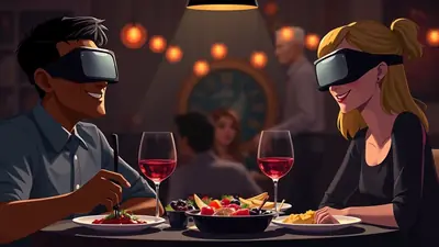 A man and a woman wearing VR headsets are sitting at a table in a dimly lit restaurant, enjoying a meal and drinks, with other blurred figures in the background.