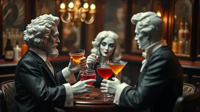Three figures, appearing to be statues or mannequins dressed in formal attire, sit around a table in a dimly lit bar, holding cocktails. The figure on the left has a beard and curly hair, while the figure on the right has slicked-back hair. A third figure with blonde hair and dramatic makeup sits between them, holding a cocktail pick.