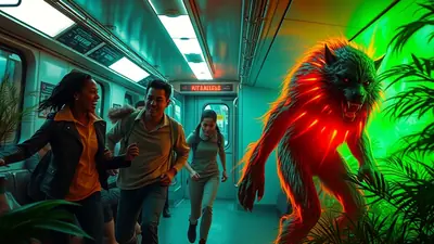 A werewolf with glowing red eyes and fiery orange fur lunges forward on a subway train, terrifying three passengers who are running away from it.