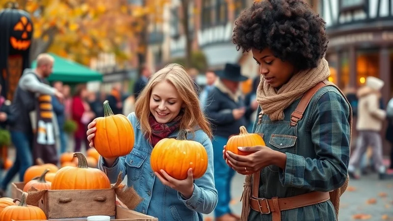 Two young women, one with blonde hair and the other with dark curly hair, are at an outdoor autumn market, smiling as they hold small pumpkins. The blonde woman wears a denim jacket and a red scarf, while the woman with curly hair wears a plaid shirt and a knitted scarf. In the background, other shoppers and fall decorations like a large jack-o'-lantern are visible.