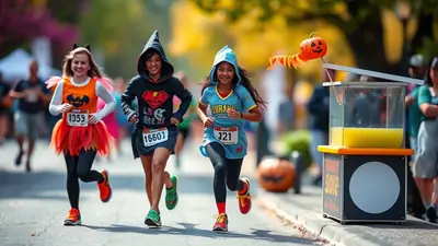 Three young girls in Halloween costumes run in a race, with one dressed as a bat, another as a superhero, and the third in a blue costume, passing a drink stand decorated with a pumpkin.