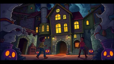 Two children with jack-o'-lanterns walk towards a spooky, brightly lit haunted house at night, with large, shadowy figures on either side of the entrance.