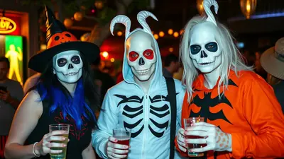 Three people in skeleton costumes with Halloween makeup are holding drinks and posing for a photo at a party.