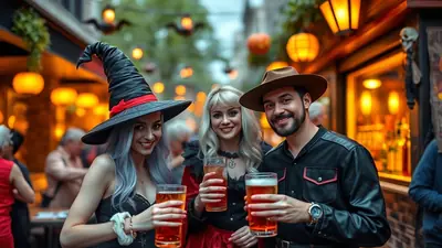 Three friends in Halloween costumes, two women and one man, are smiling and holding drinks outdoors at night, with Halloween decorations like pumpkins and lanterns visible in the background.