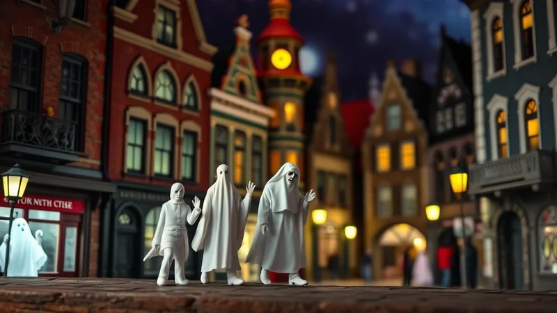 Three figures in white ghost costumes walk down a cobblestone street lined with old-fashioned buildings at night, with a fourth glowing ghost figure visible in a shop window.