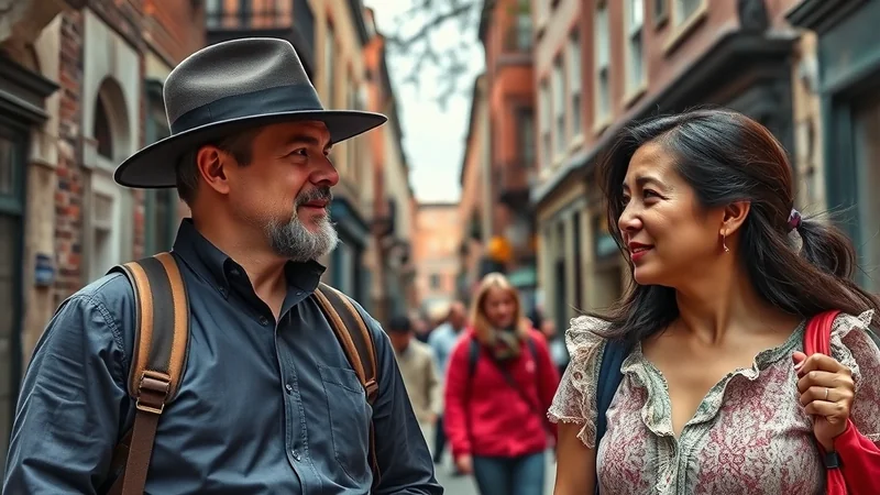 A man wearing a fedora and a woman with dark hair are walking down a narrow, European-style street, looking at each other and smiling. They both have backpacks, suggesting they are tourists.