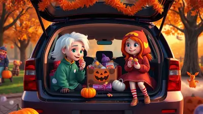 Two cartoon children, one with white hair and a green jacket, the other with red hair and a red hooded outfit, sit in the open trunk of a car decorated for Halloween. They are eating candy, surrounded by pumpkins, wrapped gifts, and a Halloween-themed box. The background shows a park with autumn foliage and other children in costumes.