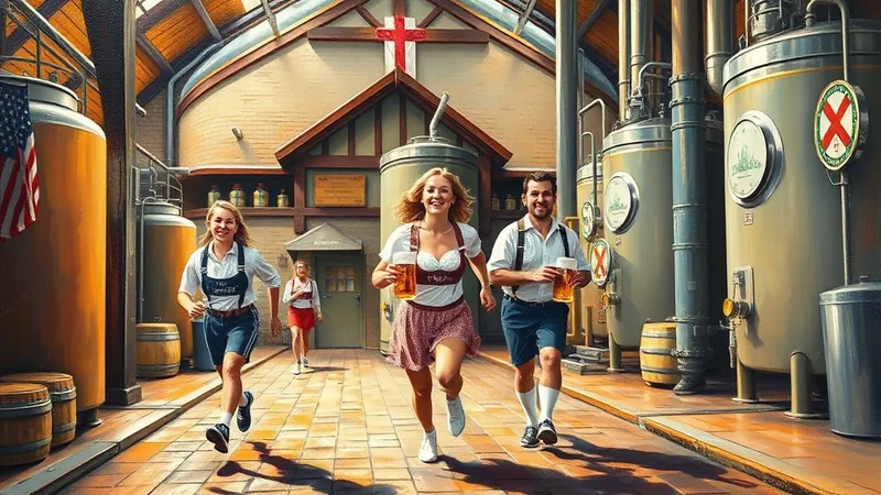 Three people in traditional Bavarian clothing are running forward, each holding a large glass of beer, in a brewery with large fermentation tanks and barrels.