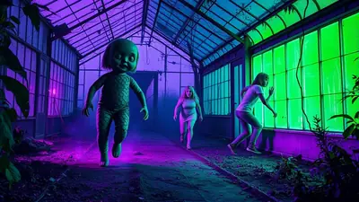 In a dimly lit greenhouse with purple and green lighting, a large, creepy doll with wide eyes and a scaly suit is chasing two women. One woman is running away from the doll, while the other is looking out a window with bright green light.