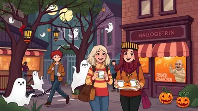 Two young women are walking down a street decorated for Halloween, with ghosts and pumpkins visible. One woman carries a tray with cups and a pumpkin, while the other holds a mug. A bakery sign reads "HALLOGETRIN" and a window displays a mummy-like figure.