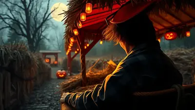 A person wearing a hat and plaid shirt sits on a bench, looking out at a Halloween-themed scene with glowing jack-o'-lanterns and string lights under a full moon.