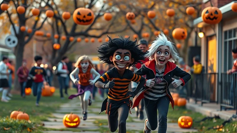 Two cartoonish children in Halloween costumes are running towards the viewer on a path lined with pumpkins and jack-o-lanterns, with other children and decorations in the background.