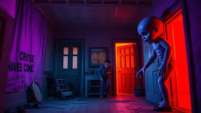 A creepy, dimly lit room with a large, bald, baby-like creature with wide eyes and an open mouth standing in a doorway bathed in red light. A young boy is crouched in the center of the room, looking distressed. A purple curtain with black lettering hangs on the left wall.