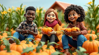 Three cartoon children, two Black and one white, sit in a pumpkin patch surrounded by corn stalks and pumpkins, holding pumpkins and smiling.