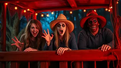 Three people in Halloween costumes are posing for a photo on a wooden platform decorated with string lights and cobwebs. The person on the left is a young woman with long brown hair, looking excited. The person in the middle is wearing a straw hat and has zombie-like makeup. The person on the right is wearing a red mask with a wide, toothy grin and a red hat.
