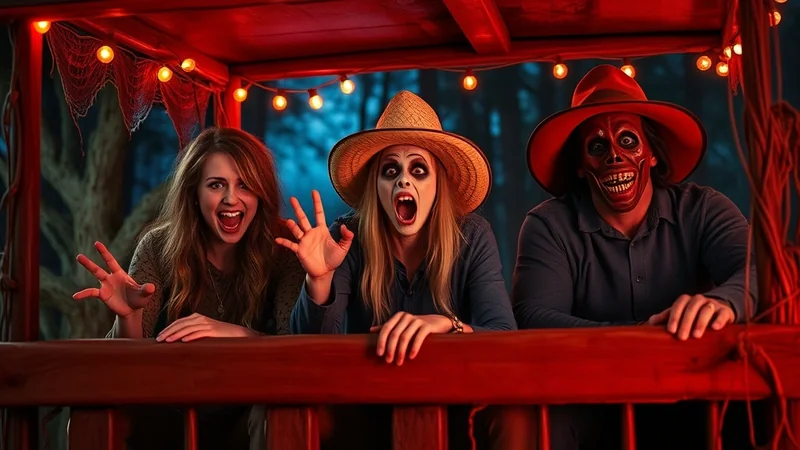 Three people in Halloween costumes are posing for a photo on a wooden platform decorated with string lights and cobwebs. The person on the left is a young woman with long brown hair, looking excited. The person in the middle is wearing a straw hat and has zombie-like makeup. The person on the right is wearing a red mask with a wide, toothy grin and a red hat.