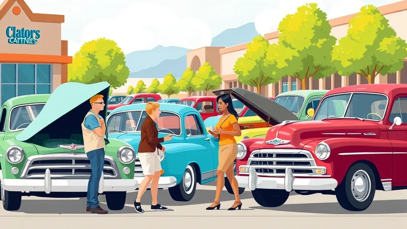 Three people are gathered around vintage cars parked in front of a building with a sign that says "Clator's". The cars are a light green, a teal blue, and a red. The hoods of the green and red cars are open. The people appear to be discussing the cars.