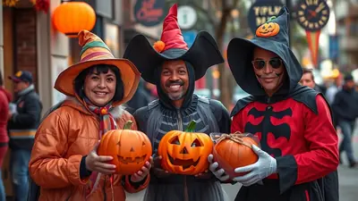 Three people in Halloween costumes, each holding a carved pumpkin, smile at the camera on a street decorated for Halloween.