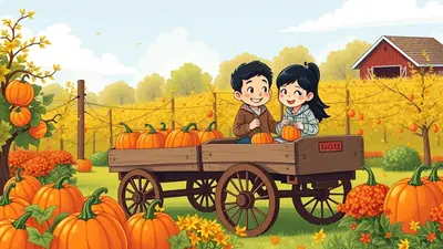 Two smiling children, a boy and a girl, sit in a wooden wagon filled with pumpkins at a pumpkin patch. They are surrounded by autumn foliage, with a red barn in the background. The scene evokes a cheerful and festive autumn mood.