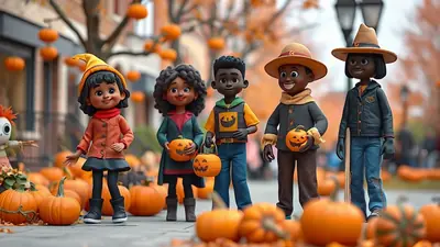 Five cartoon children in Halloween costumes stand in a line on a sidewalk lined with pumpkins and autumn leaves. The children are holding jack-o-lanterns and appear to be trick-or-treating.