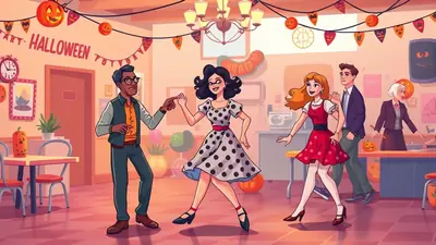 A group of people are dancing at a Halloween party. The room is decorated with Halloween-themed banners and pumpkins. A man in a blue suit and orange shirt is dancing with a woman in a polka-dot dress. Another couple, a man in a suit and a woman in a red dress, are also dancing. A woman in a suit is standing behind a counter in the background.