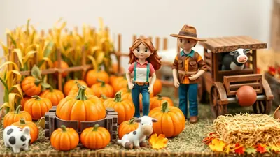 A charming miniature scene depicts a fall harvest with two cartoon farmers, a cow in a wooden cart, and numerous pumpkins arranged on hay and grass. The scene is set against a backdrop of dried corn stalks and a wooden fence, evoking a festive autumn atmosphere.