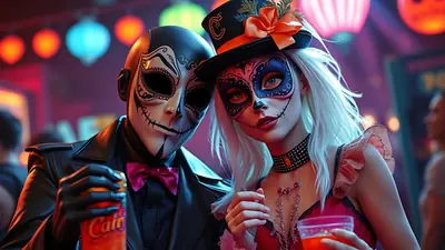 A couple dressed in Day of the Dead costumes, complete with face paint and elaborate masks, pose for a photo at a dimly lit Halloween party. The man on the left wears a black leather jacket and a pink bow tie, holding a can of soda. The woman on the right sports a black top hat adorned with an orange bow and intricate makeup, holding a drink.