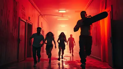 A group of people are running down a dark, blood-splattered hallway, illuminated by red light, while a man with a chainsaw chases them.