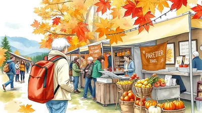 A vibrant autumn scene at an outdoor market, with people browsing stalls filled with seasonal produce like pumpkins and apples, under a canopy of colorful fall foliage.