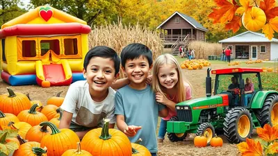 Three smiling children pose in front of a bouncy castle and a tractor at a pumpkin patch on a sunny autumn day.