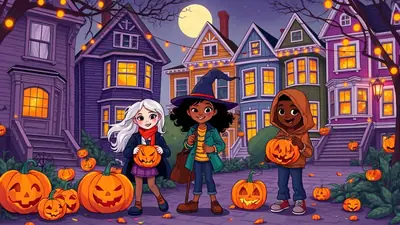 Three children in Halloween costumes stand on a sidewalk in front of decorated houses, holding carved pumpkins. The child on the left has white hair and a red scarf, the middle child wears a witch hat, and the child on the right wears an orange hooded sweatshirt. Jack-o'-lanterns and string lights adorn the scene, creating a festive and slightly spooky atmosphere under a full moon.