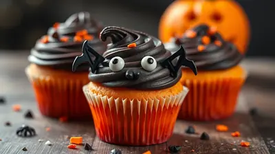 Three Halloween-themed cupcakes decorated with chocolate frosting, candy eyes, and bat wings, with a blurred jack-o'-lantern in the background.