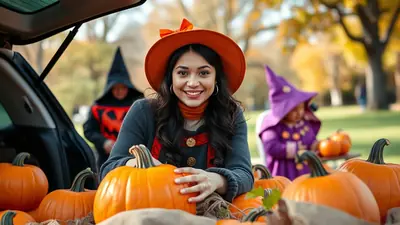 A smiling woman in an orange hat and a gray sweater is surrounded by pumpkins, with two children in Halloween costumes in the background.