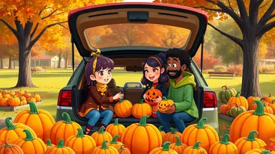 Three cartoon characters, two young girls and a man, are sitting in the open trunk of a car surrounded by pumpkins in a park setting with autumn foliage.