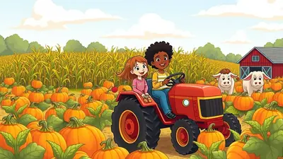 Two smiling children, a boy and a girl, ride on a red tractor through a pumpkin patch with a cornfield and a barn in the background. Two cows stand among the pumpkins.