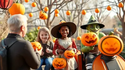 A man with gray hair faces away from the camera, looking at two young girls and a green creature dressed as a witch, all holding jack-o'-lanterns. They are outdoors with Halloween decorations, including pumpkin-shaped lights, visible in the background.