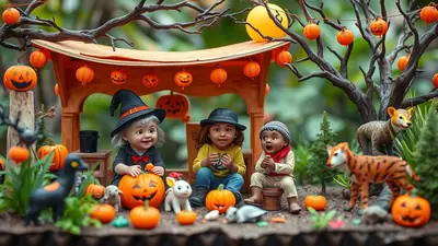 Three children dressed in Halloween costumes are sitting in front of a wooden stall decorated with pumpkins and lanterns. The child on the left wears a witch hat, the middle child wears a black hat, and the child on the right wears a knitted hat. Various Halloween-themed decorations, including toy animals and pumpkins, are scattered around them.