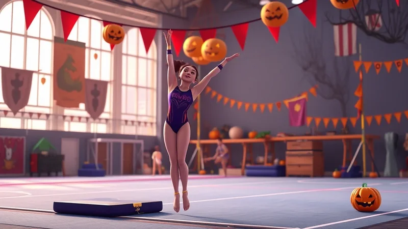 A young female gymnast in a purple leotard performs a jump in a gymnasium decorated for Halloween with jack-o-lanterns and orange bunting.