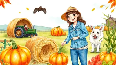 A young girl in a denim jacket and straw hat stands in a field with a white dog, surrounded by pumpkins and hay bales. A boy drives a tractor through a large pumpkin arch in the background, and a bird flies overhead.