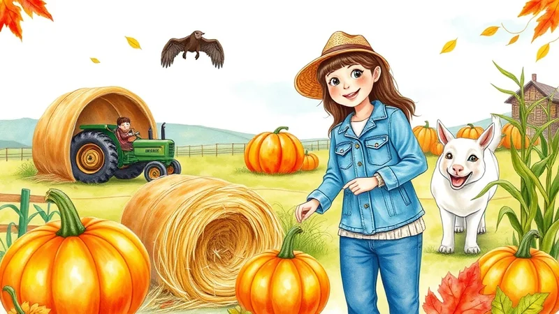 A young girl in a denim jacket and straw hat stands in a field with a white dog, surrounded by pumpkins and hay bales. A boy drives a tractor through a large pumpkin arch in the background, and a bird flies overhead.