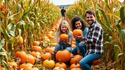 A smiling family poses in a pumpkin patch with a corn maze in the background. The father, mother, and daughter are holding pumpkins and looking at the camera.