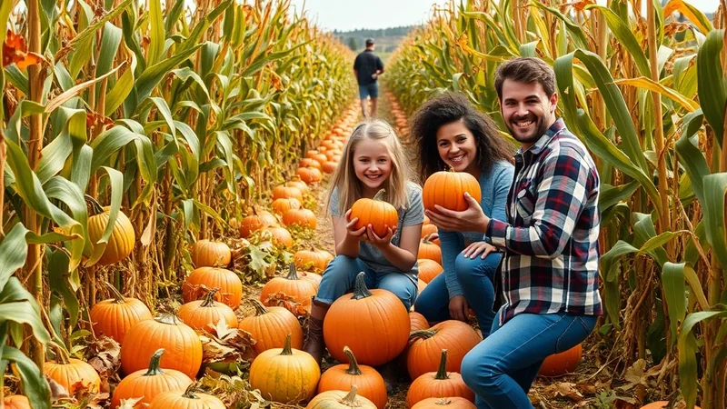 A smiling family poses in a pumpkin patch with a corn maze in the background. The father, mother, and daughter are holding pumpkins and looking at the camera.