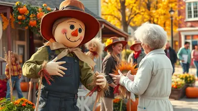A cheerful scarecrow with a wide smile and rosy cheeks stands in the foreground, dressed in denim overalls and a green shirt, holding a bundle of straw. An elderly woman in a light-colored jacket faces the scarecrow, gesturing with her hands, while other people and autumn decorations like pumpkins and fall foliage are visible in the blurred background.