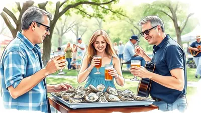 Three people enjoying drinks and oysters at an outdoor gathering. A man in a blue plaid shirt holds a glass of beer, a woman in a blue dress holds two glasses of beer, and a man in a navy polo shirt holds a guitar and a glass of beer. A large platter of oysters is in the foreground, and other people are visible in the background enjoying the sunny day.