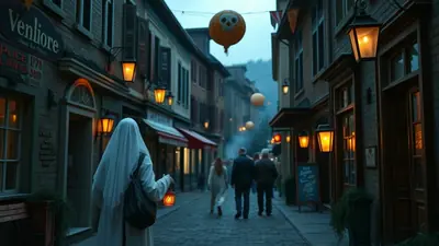 A person in a ghost costume walks down a cobblestone street lined with buildings and lit by lanterns, with Halloween decorations like a skull-faced balloon overhead.