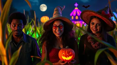 Three friends in Halloween costumes stand in a cornfield at night, with a full moon and a spooky castle in the background. The person in the middle holds a glowing jack-o-lantern.